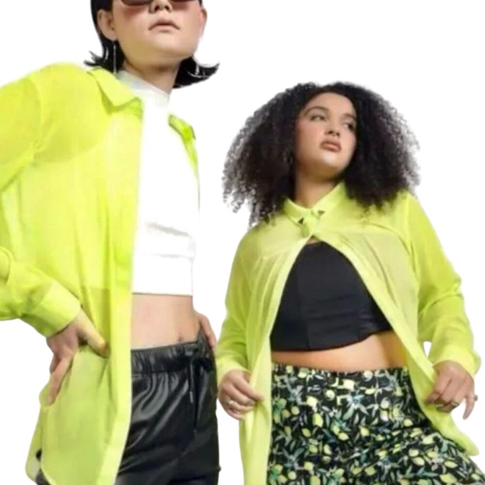 Wildfang Empower Sheer Button-Up Shirt Neon Green | Size Large | NWT